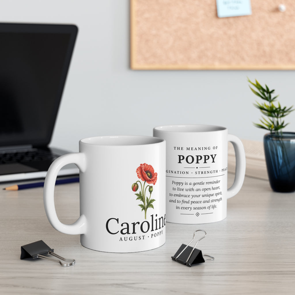 Poppy Birth Flower Mug — Personalized (August Birth Month)